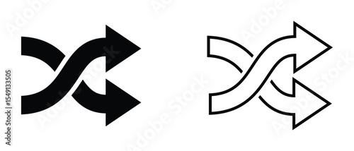 Shuffle icon, Crossed arrows icon. Black and white Shuffle Crossed vector icon. 2 way mixed arrows, app ui ux web button logo, vector illustration. 