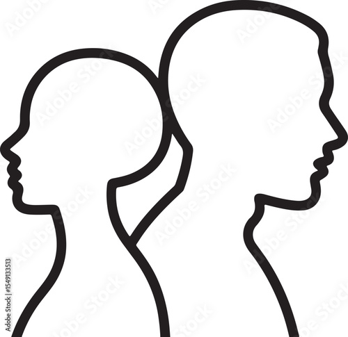 Line Drawing of Male and Female Profiles Back to Back Symbolizing Relationship Issues or Gender Differences with Minimalist Design on White Background