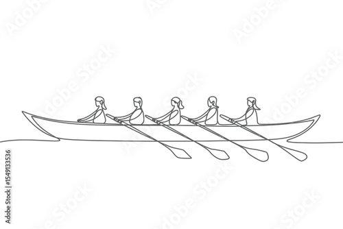 Continuous Line Drawing of Women Rowing in a Boat on Water