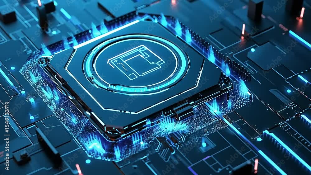 Futuristic microprocessor on a digital circuit board with glowing blue lights and technology background
