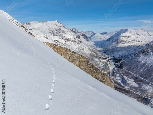 Wolverine tracks, high in the Norwegian winter mountains, white snow-covered mountain peaks.