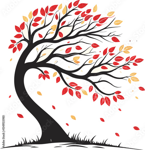 Curved Autumn Tree Illustration with Red and Yellow Leaves Falling in the Wind