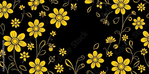Simple vintage black outline yellow floral pattern on background , paper, outline