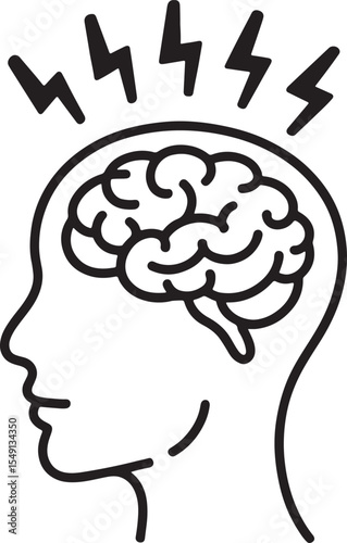 Conceptual Mental Health Illustration Depicting Overthinking and Stress, Featuring a Person's Head with a Brain and Lightning Bolts