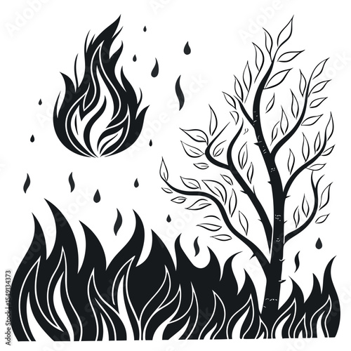 Monochrome Illustration of a Wildfire Engulfing a Tree with Fire Droplets Cascading Down Amidst Intense Flames and Scorched Earth