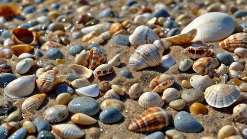 Colorful Sea Pebbles and Shells on the Beach