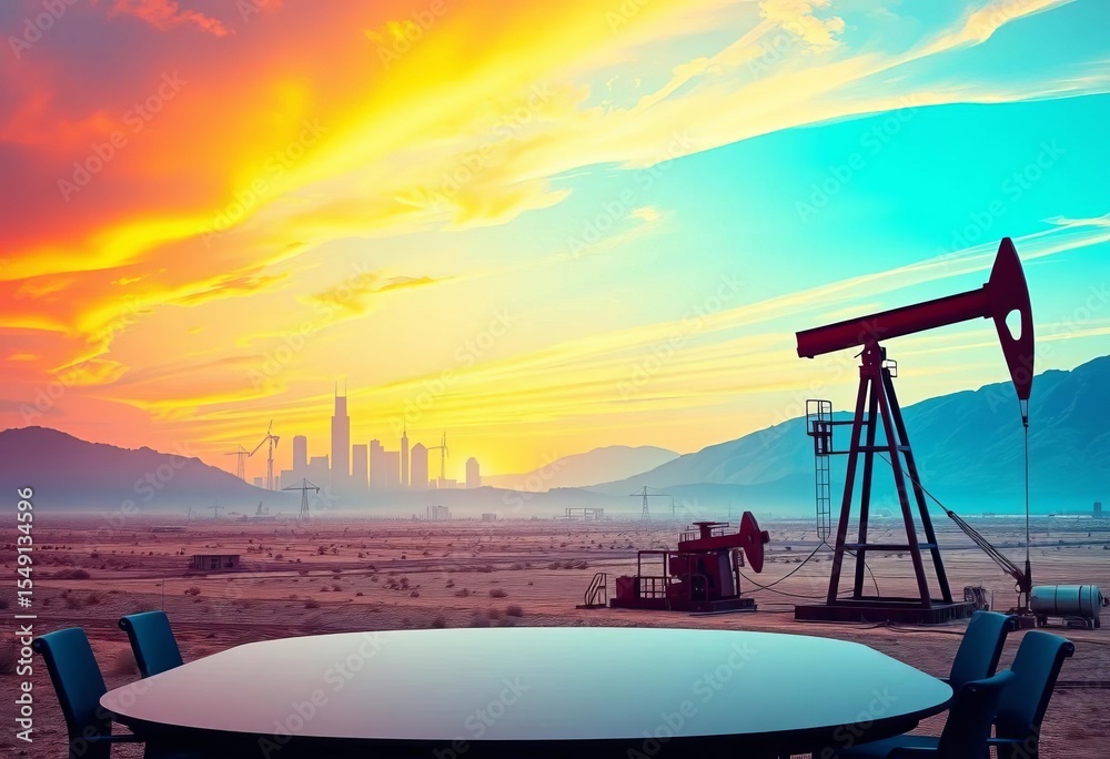 Fototapeta premium Business meeting cityscape desert oil pump backdrop, business, background
