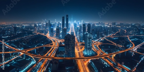 Fototapeta Naklejka Na Ścianę i Meble -  Panoramic night view from rooftop over city lights and highway interchanges