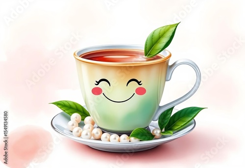 Smiling boba tea cup with leaves & pearls, watercolor style, watercolor boba, delicious