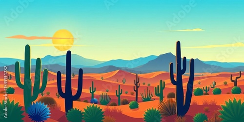 Cartoon desert landscape with cactus hills, sun, and mountain silhouettes Horizontal vector background, sunny, cartoon