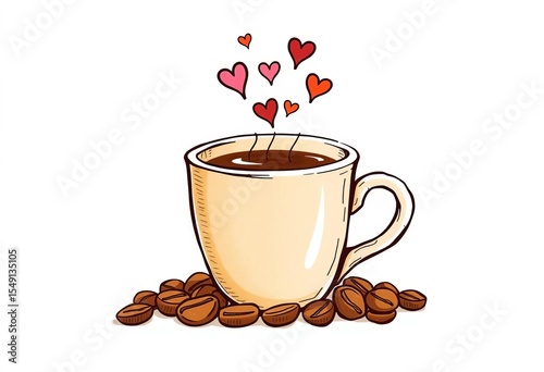 Charming, sketchy coffee cup doodle; steam, beans, hearts ,  icon,  beverage