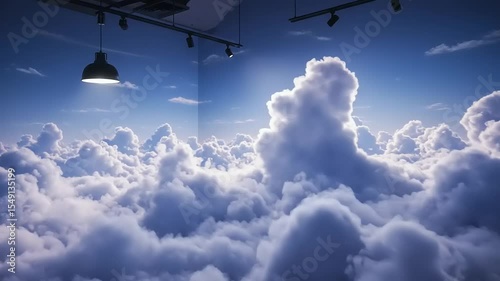 Serene cloudscape with soft lighting illuminating a room filled with fluffy clouds