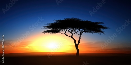 Solitary Tree Silhouette Against Vibrant Sunrise Sky in Africa