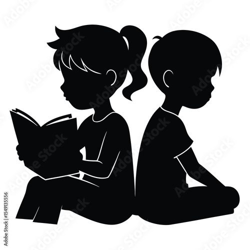 Silhouette of a child reading a book while another child is looking away isolated