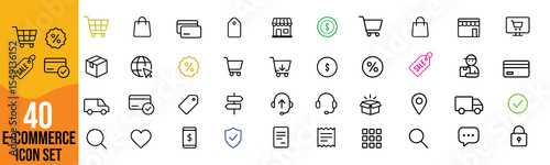 Minimalist Line Icon Set of E-Commerce Symbols in Modern Vector Style.shopping, cart, payment, online, sale, store, delivery, product