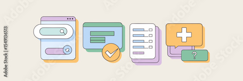 Flat vector illustration of app UI components with icons for dropdown and tab