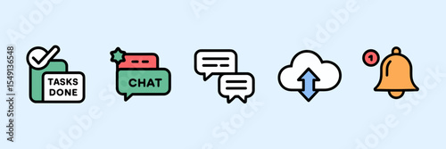 Flat vector icons of collaborative productivity app features – Suitable for task management, communication platforms, or app UI design