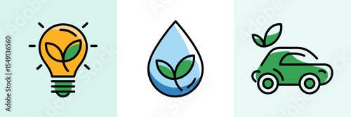 Sustainability app icons in a row – Great for eco-friendly app design, clean UI kits, or energy conservation platforms