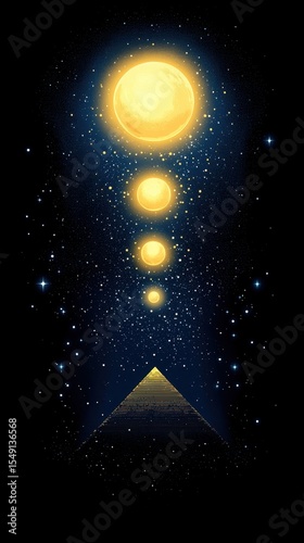 Celestial Pyramid with Radiant Suns and Starry Background