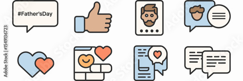 Vector icon set for Father's Day social media with hashtags and message bubbles