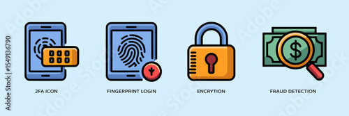 Banking security vector icons including 2FA, fingerprint login, and fraud detection