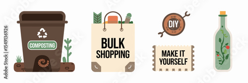 Flat vector icons representing zero waste habits – Great for waste reduction programs, eco-conscious lifestyle promotions, or sustainability workshops