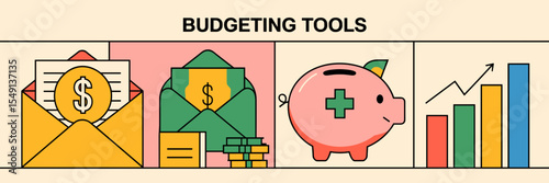 Grid of budgeting tool icons including envelope, piggy bank, and graph