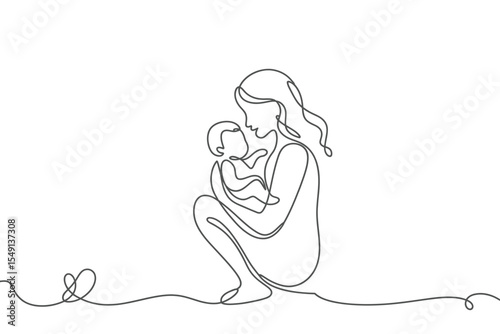 Continuous Line Drawing of Mother Holding Baby in Minimalist Style