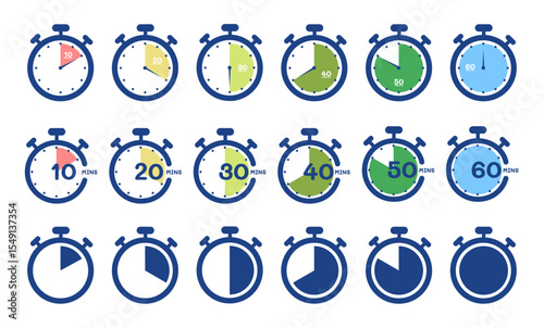Stopwatch icon set. Line and glyph stopwatch timer. Countdown timer collection. Set of timer. Stopwatch icons. Countdown 10.20,30,40,50,60 minutes.