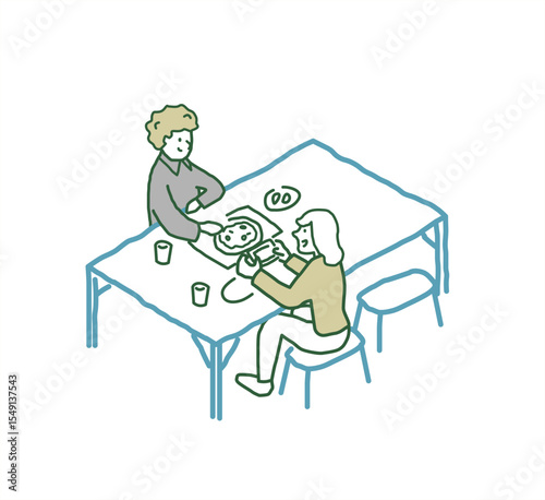 テーブルで食事をする人々　 手描きアイソメトリックイラスト