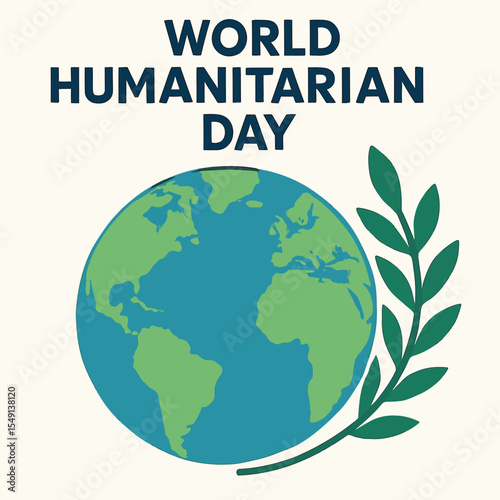 A clean flat vector illustration of a single stylized globe with simplified continents, encircled partially by an olive branch symbolizing peace and humanitarian efforts. The design uses calming blues