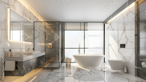 Modern bathroom with white marble and dark wood, minimalist elegance in natural light
﻿