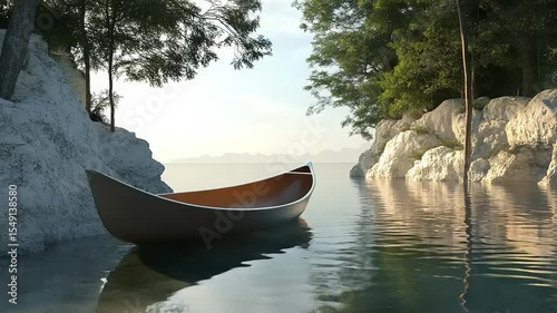 Serene landscape featuring a wooden boat floating on calm waters surrounded by lush greenery