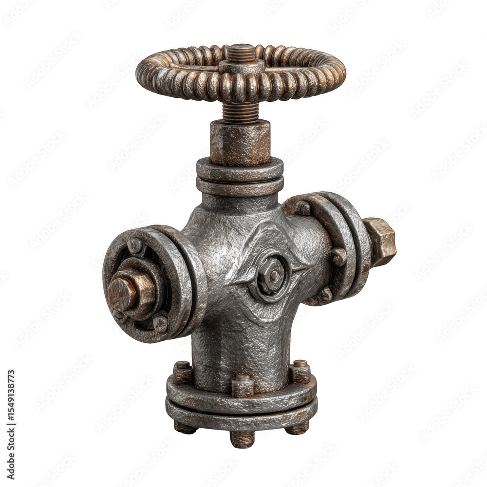 A detailed metallic industrial valve with a round handwheel and multiple bolted connections, showcasing a rugged, aged texture. A detailed metallic industrial valve with a round handwheel and multiple bolted connections, showcasing a rugged, aged texture.