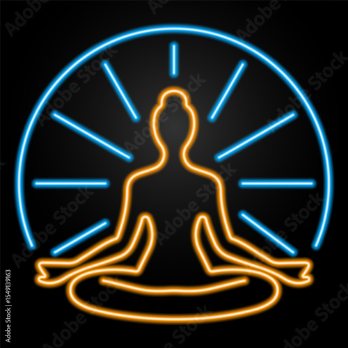 buddhism neon sign, modern glowing banner design, colorful modern design trend on black background. Vector illustration.