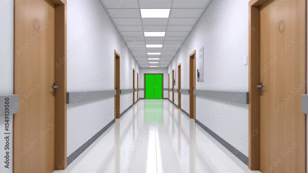 Empty Hospital Hallway with Green Screen Doors for Medical Simulation and Virtual Backgrounds