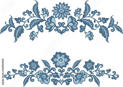 Vector floral blue ornaments in traditional Chinese Style. Exquisite romantic arabesque designs for page decorations, headers, wedding decors, invitations, greeting cards, embroidery, textile.	