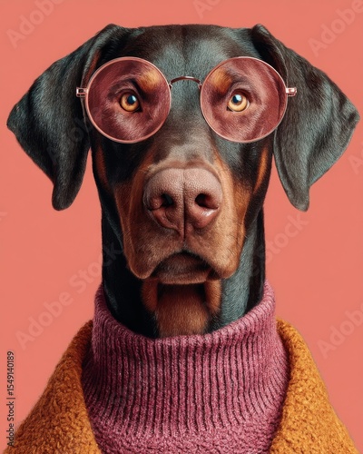 Doberman Pinscher Dog Wearing Pink Sweater and Glasses