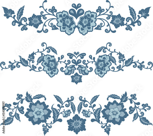 Vector floral blue ornaments in traditional Chinese Style. Exquisite romantic arabesque designs for page decorations, headers, wedding decors, invitations, greeting cards, embroidery, textile.	