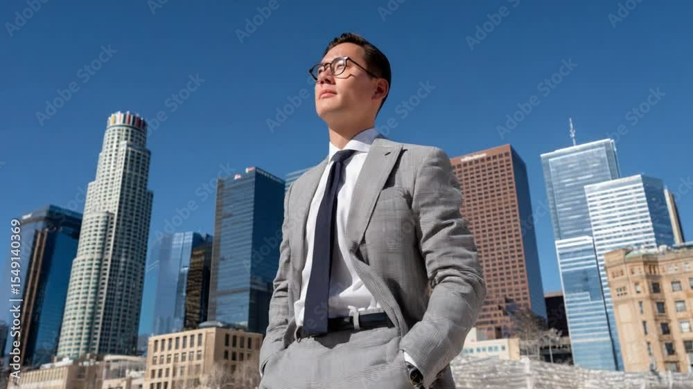 Confident Executive Gazing at Cityscape: A sharp-dressed executive, radiating confidence, gazes towards the bustling skyline of a vibrant city. This photorealistic capture embodies ambition. Confident Executive Gazing at Cityscape: A sharp-dressed executive, radiating confidence, gazes towards the bustling skyline of a vibrant city. This photorealistic capture embodies ambition.