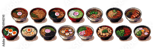 An array of fifteen bowls filled with various ramen noodle dishes, each uniquely garnished.