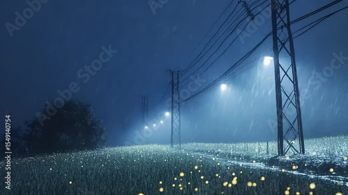 Serene night scene with glowing fireflies illuminating a rain-soaked field near power lines