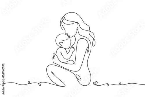 Mother and Baby Single Line Drawing Art