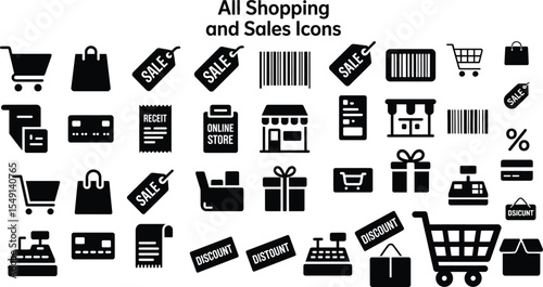 Black silhouette icon set for All Shopping and Sales Icons. Solid black vector pictograms featuring shopping cart, shopping bag, price tag, barcode, sale badge, credit card, receipt, online store, 