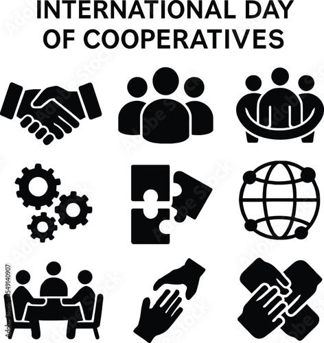 Black silhouette icon set for International Day of Cooperatives. Solid black vector pictograms featuring handshake, group of people, community, cooperation, teamwork, gears, puzzle pieces, globe, netw