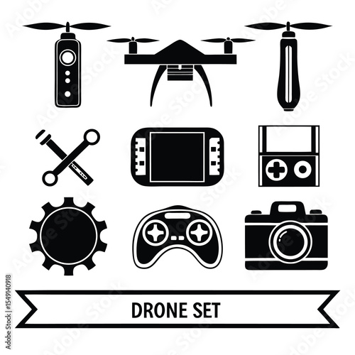 Vector illustration of drone accessories, remote controller, and camera in black and white style