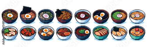 Various bowls of ramen, showcasing different toppings and broth types.