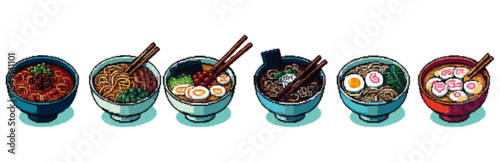 A colorful illustration showcasing six bowls of ramen, each with unique toppings and broth colors, presented in an isometric view.
