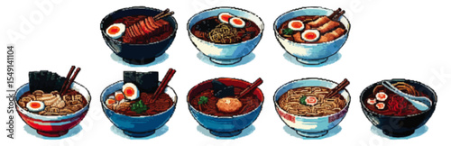 A collection of eight vibrant ramen bowls, each showcasing unique toppings and broths.