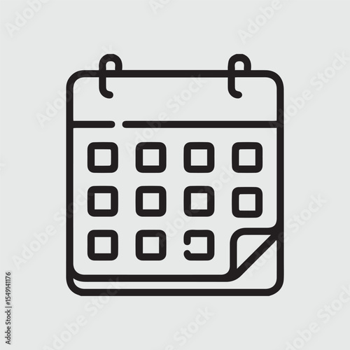 Minimalist vector icon depicting a calendar. The design features thick black lines forming a rectangular calendar shape with ring binders at the top and nine empty square cells arranged in three rows